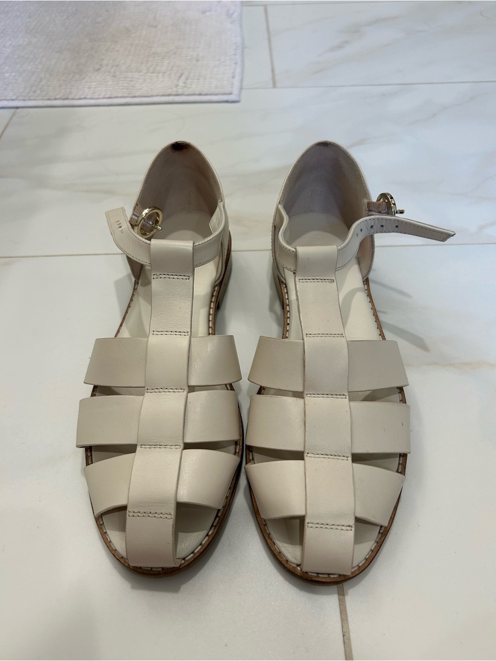 Anthropologie Cream Leather Woven Fisherman Sandals with Ankle Strap